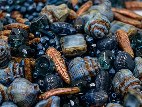 60 g Mix of Unique Czech Bohemia Glass Pressed Beads, Dark Blue, Table Cut, Matte and Glossy, Faceted Fire Polish, Hand Made Set Kit BCV
