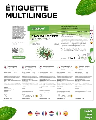 Extrait de palmier nain - 180 capsules avec 500 mg d'extrait réel - Premium : 5% de phytostérols = 25 mg - Extrait de palmier nain à haute dose - Vegan
