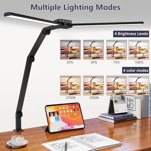 KableRika Lampe de Bureau avec Télécommande, 24W 80cm Double Tête, Grande Lampe Bureau LED Puissante, 4 Luminosité & Températures, lumiere bureau avec pince pour Design, Lecture, Dessin, Moniteur