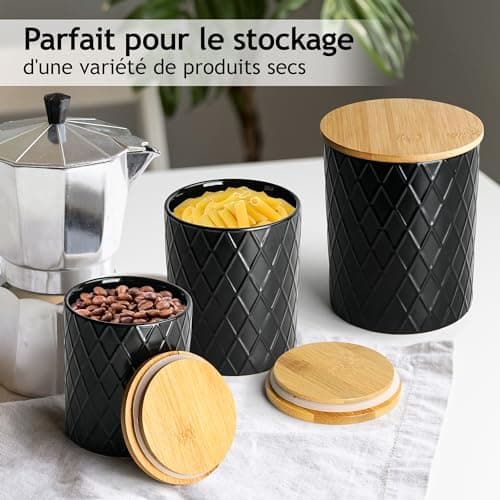 MIAMIO - Set de 3 boîtes de conserve pour le comptoir de cuisine, boîte de conserve en céramique avec couvercle en bois hermétique - parfait pour le café, le thé, le sucre, la farine, le thé (Noir)