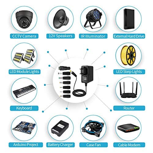EFISH 12V 2A 24W Adaptateur d'alimentation du Transformateur,pour 12V Les Appareils Ménagers,CCTV Camera,Routers,Hubs,LED Strips,Telekom,T-COM,Speedport,Radiowecker,Scanner+7 Différents Bouchons
