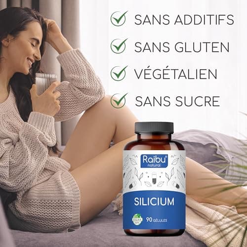 Silicium Organique Raibu - 667mg - 90 gélules pour 3 mois - 100% naturel, extrait de bambou - Sans additifs, testé en laboratoire, vegan - Raibu