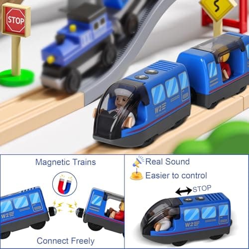 Sweetone Train de locomotives à Piles(Connexion Magnétique), Train Electrique Enfant, Train en Bois Compatible avec Thomas, Brio, Chuggington, Jouet pour Tout-Petits pour dès 3 Ans