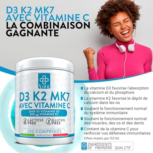 Vitamine D3 K2 Mk7 Avec Vitamine C 200 Comprimés Piulife® Vitamine D 2000 UI, Vitamine K2 200mcg, Vit C 125mg, Vitamines Pour Les Os Dents, Immunité Adulte, Boost Energie, D3 K2 Naturelle