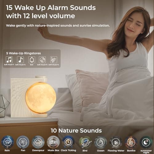 INSSISAIN Mondlampe mit Wecker, 10 beruhigende Töne mit bunter Lichtmodus, Wecklicht für Tisch, Schlafzimmer, Wohnzimmer, fonction snooze, lumière de réveil, 8 couleurs