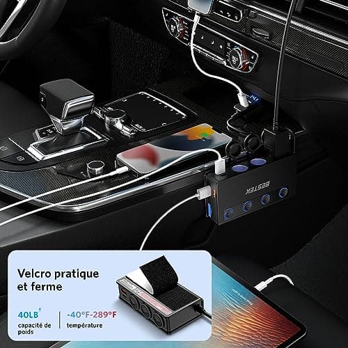 BESTEK Chargeur de Voiture 180W USB-C PD USB QC3.0, 3 Prises Adaptateur Allume Cigare USB 12V/24V avec 6 Ports USB avec Affichage LED pour iPhone Dash Cam