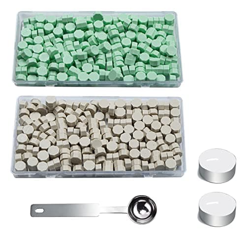 Perles de cire à cacheter, 200 PCS brun lait+200 PCS Jade perles de cire à cacheter avec 1PCS cuillère à cire à fondre et 2 bougies, Set de cachet de cire pour invitations de fête