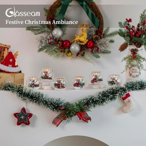 Glasseam Bougeoir De NoëL en Verre : Lot De 3 Photophores Bougeoirs De NoëL DéCoratifs avec des Baies Rouges Et des Pommes De Pin pour Les Centres De Table Cadeau