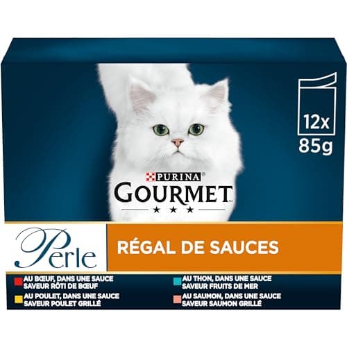 GOURMET | PERLE | Régal de Sauce | Sachets Fraîcheur pour Chat Adulte | Filettines en Sauce | Au Bœuf, au Poulet, au Thon, au Saumon | Portion Individuelle | 12 x 85 g