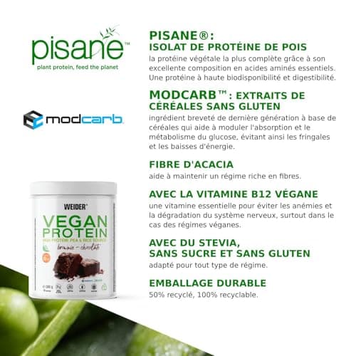 Weider Vegan Protein (300g) Goût Choco-Brownie, Protéines 100% Vegetal 21g/dose, Pois (Isolat Pisane) & Riz, Avec Vitamine B12 & Stevia, Sans Gluten, Sans Sucre, Emballage 50% Recyclé, 100% Recyclable