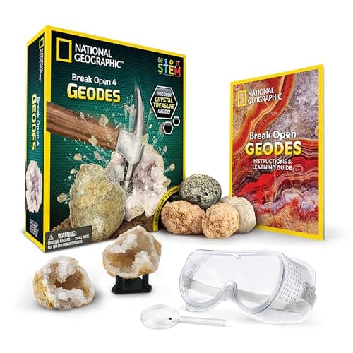 NATIONAL GEOGRAPHIC Kit Scientifique pour Ouvrir 4 Géodes – Comprend des Lunettes et Un Présentoir - Cadeau Scientifique STEM pour Les Amateurs de Minéralogie et de Géologie de Tout Âge