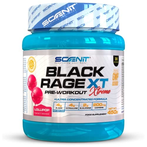Pre Workout - Black Rage Xtreme - Pré entraînement avec L Arginine, Beta Alanine, L Citrulline, Creatine Monohydrate, Caféine - Preworkout muscu (450 g) (Saveur Sucette)