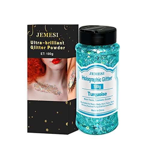 JEMESI Holographique Grosses Paillettes, 100g Turquoise Sequins Glitter, Paillettes pour Visage, Corps, Cheveux, Résine Epoxy, Paillette Visage Festival