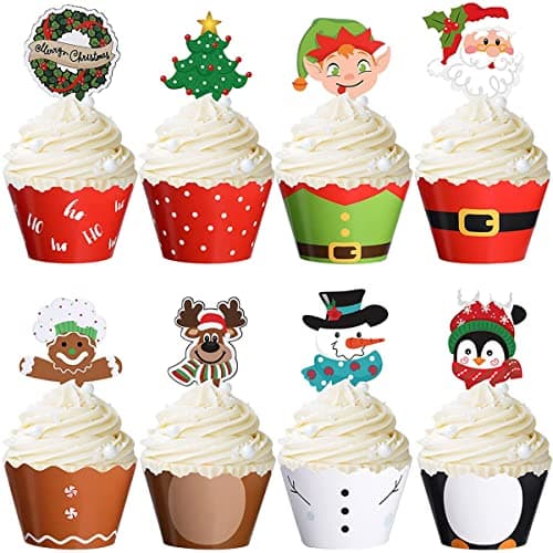 96 Pièces Décoration de Gâteau de Noël,Deco Gateau Noel,Sapin de Noël Gingerbread Men Père Noël Bonhomme de Neige Renne Elfe Pingouin Guirlande de Noël Décorations de Gâteaux de Noël,Cupcake Toppers