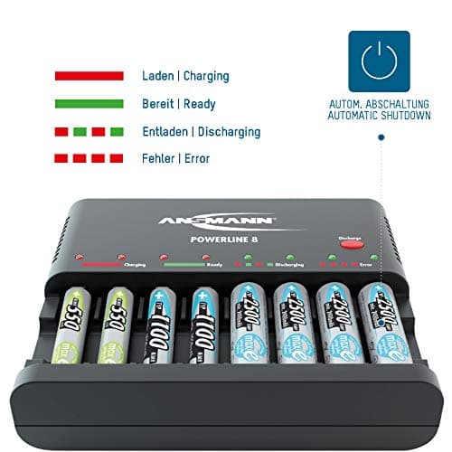 ANSMANN Chargeur de Piles Powerline 8 (1 PCE) – Chargeur Intelligent pour 1 à 8 Piles rechargeabkes NiMH AA/AAA – Chargeur Auto avec Programme de Charge et décharge