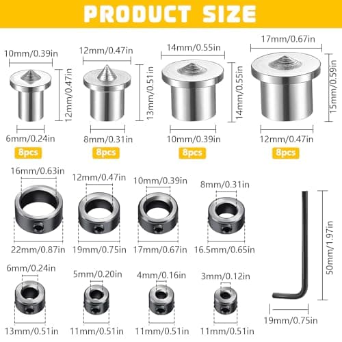 XTUDOU® 32 Pièces Centreur Tourillon, Pointe de Centrage Tourillon avec 8 Butée de Profondeur de Perçage et 1 Clé, pour Chevillage Charpenterie Menuiserie (6/8/10/12 mm)