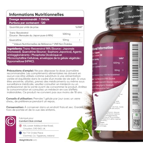 Trans Resveratrol (98%) avec Quercétine 550mg, 120 Gélules Vegan pour 4 Mois Source de Vitamine C, Resveratrol Polyphenols Renouée du Japon avec Sophora Japonica sans Stéarate Magnésium