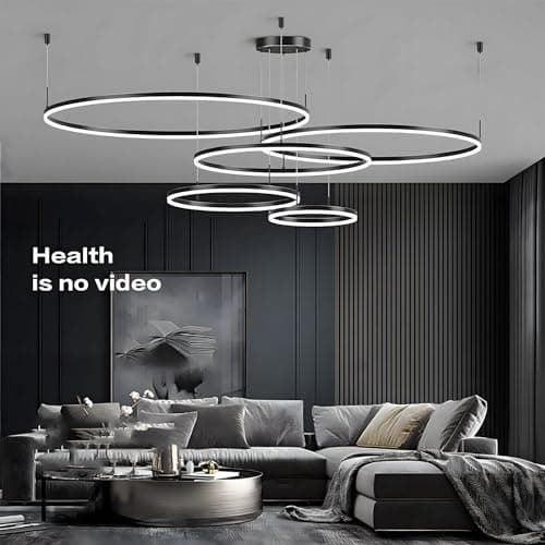 YYUTLUO Lustre LED Moderne DIY Cercle | 5 Noire Anneaux :20+40+60+80+100cm=130W | Éclairage Suspendu LED Métal+Acrylique Télécommande Intensité Variable 2,4G Lampe Suspendue Plafond Ronde Salon