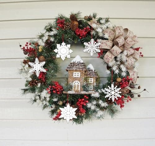 ilauke 24 Flocons de Neige en Bois Blanc,6 Designs Décoration de Sapin de Noël en Bois,Artisanat en Bois de Flocon 7x8cm,Décoration d'hiver Noël Bricolage,Bois Arbre de Noël Ornements pour Décoration