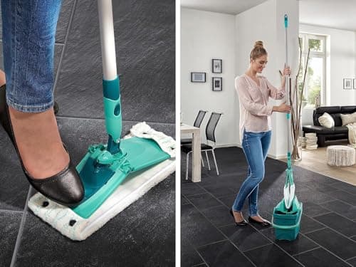 Leifheit Set Combi Clean M, seau et balai essoreur faciles d'utilisation, balais serpillière avec mécanisme d'essorage intégré, kit de lavage sol vert