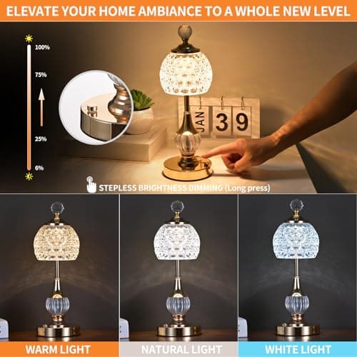 Zoeger Lampe de table en cristal sans fil - 3 couleurs - Lampe de table LED vintage - Lampe de table LED sans fil - Lampe de table sans fil - Lampe de table à batterie - Intensité variable