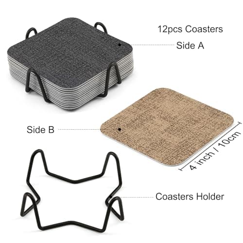 Chitomars Lot de 12 Dessous de Verres avec Support, Double Face Lavable sous Verres Simili Cuir Antidérapant Originaux Dessous de Verres pour Café, Boissons, Bière Tasses (Gris Beige, Lot de 12)