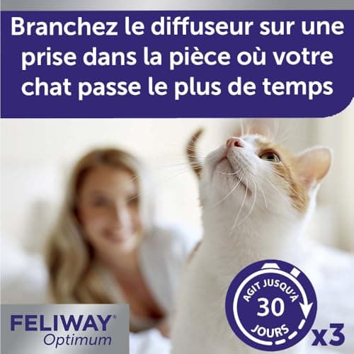 FELIWAY Optimum - Anti-Stress pour Chat - Complexe de phéromones apaisantes pour Une sérénité renforcée - Pack économique 3 recharges (3x30 Jours)