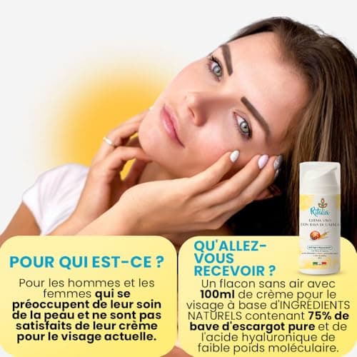 100ml BIO CREME VISAGE avec 75% BAVE D ESCARGOT et ACIDE HYALURONIQUE Ritalia® CREME HYDRATANTE ingrédients Anti-rides Anti-âge et Anti-taches et Contour des yeux POUR FEMMES HOMMES