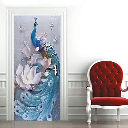 A.Monamour Sticker Porte Autocollant Poster De Porte 3D Décoration Intérieure De Paon Bleu Et Fleurs Papillon Vinyle Affiche De Porte Sticker Mural Papier Peint Art Décor 90 x 200 cm