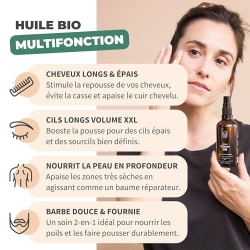 Bionoble Huile de Ricin Bio 200ml + Pompe - Bouteille en Verre - 100% Pure, Naturelle, Pressée à Froid - Huile de Ricin pour Cheveux Cils Sourcils, Huile Barbe - Vegan Castor Oil, Huile Ricin