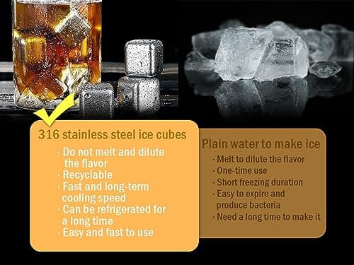 Hitopin Glaçons en Acier Inoxydable, 16PCS Glacons Réutilisables, Glaçons Whisky, avec Clips+Cuillère, Whisky en Acier Inoxydable Glaçons, pour Refroidissement du Vodka Vin Bière Whisky Cocktail