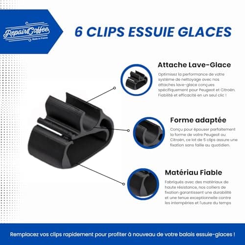 Lot de 6 Clips de Serrage pour Peugeot 3008, 5008 & Citroën C5, DS7 - Colliers de Fixation Robustes pour Bras Essuie Glace Avant - Attache Balai Accessoire Tuyau Lave Glace Entretien Maintenance