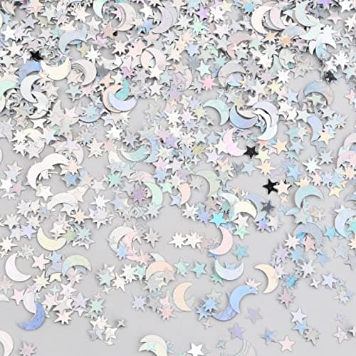 Vesaneae 30g/4000pcs Confettis de Table Étoile et Lune Holographique, Métalliques Feuille Étoiles Table Confetti, Mini Paillettes Feuille Confettis, pour Anniversaire Mariage Fête Décoration (Argent)