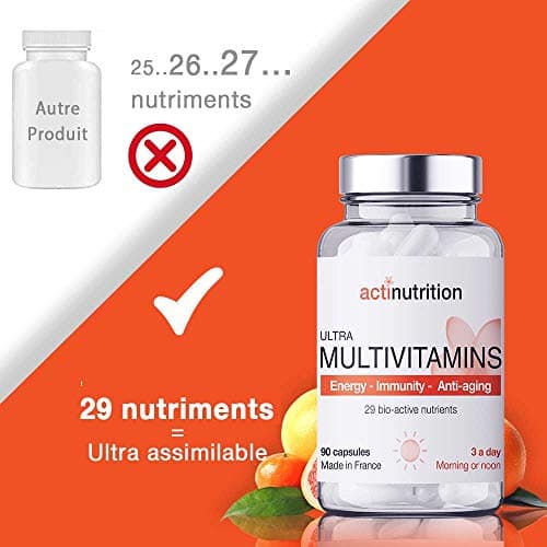 ULTRA Multivitamines | 29 Nutriments Bio-actifs dont Vitamines C & D + Ferments Lactiques | 90 gélules | Pour Vitalité, Immunité et Stress | Fabriqué en France par Actinutrition