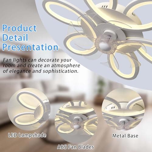 LED Ventilateur Plafond Avec Lumiere Alexa Silencieux Dimmable Fleur Lustre Ventilateur De Plafond Chambre Télécommande Réversible Lampe Ventilateur Intelligent Moderne 65cm Pour Salon, Cuisine