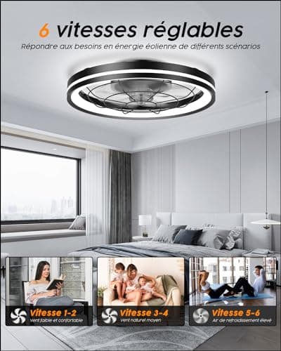 Airwit 48cm Ventilateur de Plafond Silencieux avec Lumiere et Telecommande, Moderne Rond Ventilateurs de Plafond avec Lampe Intégrée, Dimmable Ventilateur Plafond Chambre avec Reversible DC Moteur