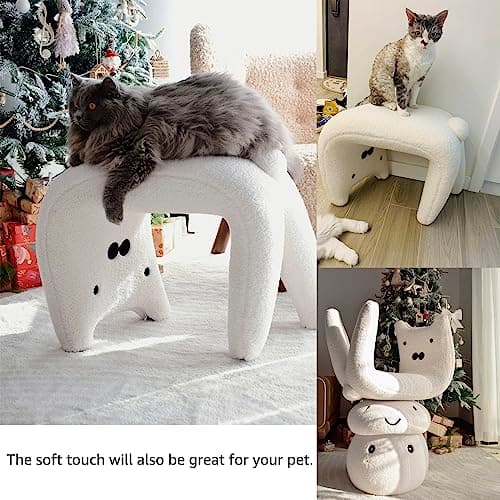 Telomat Chaise de coiffeuse sans accoudoirs en fausse fourrure pelucheuse – Chaise d'entrée en forme de chat mignon, repose-pieds pour femmes et filles, convient pour le salon, la chambre à coucher,