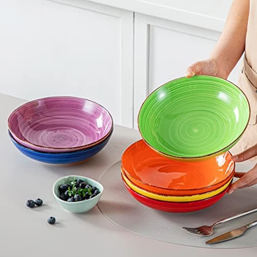 vancasso Série BONITA Lot de 6 Bol à Pâtes en Grès de 38oz Bols Service, 21.6cm, Passent au Micro-ondes et au Four à Soupe pour Cuisine, Multicoloré
