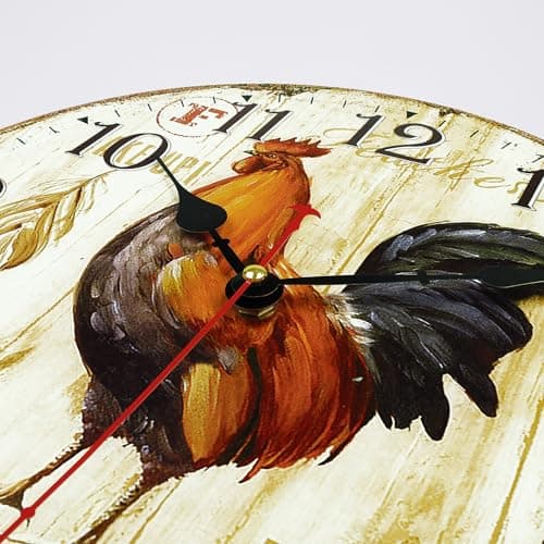 Lafocuse 30cm Horloge Murale Coq Vintage Bois, Silencieuse Pendule Murale Retro, Shabby Chic Rond Déco sans Tic-tac pour Salon Chambre Cuisine Bureau