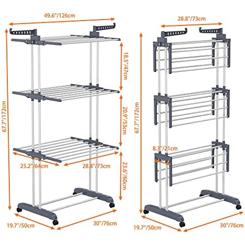 HOMIDEC Etendoir Linge, 4 Niveaux Grande Sechoir a Linge Pliable avec Roues, Acier Inoxydable Seche Linge Etendoir pour Intérieur et Extérieur, Gris