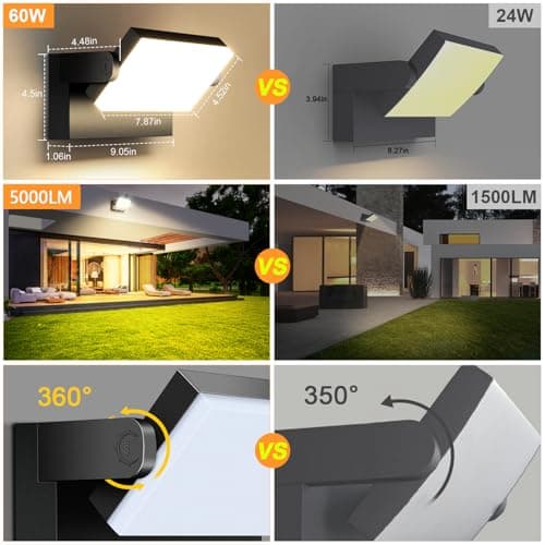 4 Pack 60W Applique Murale Exterieur/Intérieur 5000Lm Noir Applique Exterieur Led étanche IP65 3000K Projecteur Exterieur Led avec panneau LED pivotant à 360° pour Terrasse Entrée Jardin Garage