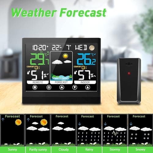 jely Station Meteo Interieur Exterieur Sans Fil avec Capteur Thermomètre Hygromètre LCD Écran Couleur avec Alerte Température Météo Prévisions DCF Radio Phase de la Lune Snooze Réveil