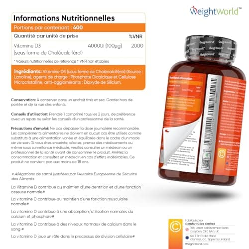 Vitamine D3 4000 ui - 400 Micro Comprimés Pour 1 An - Vitamine D3 Pour Immunité, les Os, Dents, Muscles, Forte Absorption Calcium - Vit D Cholécalciférol, Végétarien - 1 Comprimé Tous Les 2 Jours
