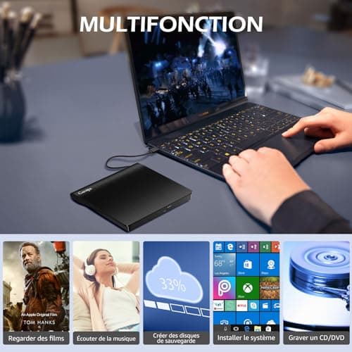 Cocopa Lecteur CD/DVD Externe pour PC, USB 3.0 Graveur Enregistreur Portable RW/ROM Mince Transmission Rapide Câble USB Intégrée Windows/Mac OS Apple/iMac/Macbook/Laptop/Desktops/PC Noi