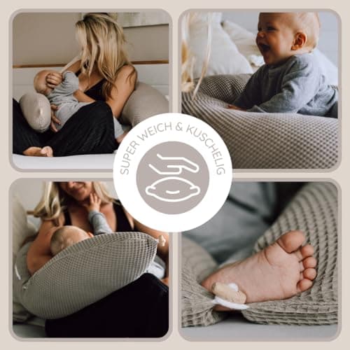 HOBEA-Germany Coussin d'allaitement 190cmx76cm Coussin de positionnement XXL Coussin de Grossesse pour bébé et Adulte Coussin d'allaitement latéral avec Housse en Coton Bio (Motif gaufré Taupe)