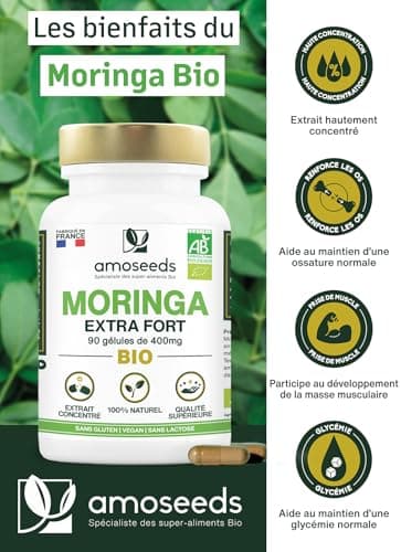 Moringa Oleifera BIO | Extra Fort, 10 000mg par jour | 100% Naturel et Pur | 90 Gélules vegan de 400mg | Qualité Supérieure