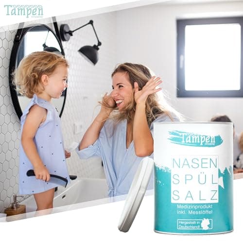 Tampen Douche nasale avec 120x Sel de rinçage nasal (300g) et 1 cuillère à mesurer · Lavage nez pour Adultes et Enfants premium