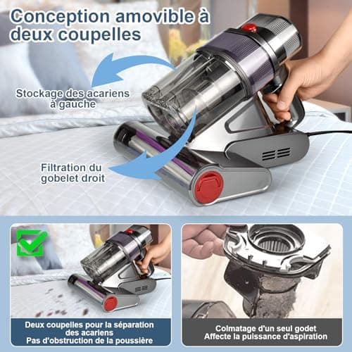 Nailaby Aspirateur Anti-acariens avec capteur d'acariens et Affichage LED, 500 W 15 KPa Aspirateur Anti-acariens pour Matelas avec lumière UV-C, ultrasons, 65 °C 5 s, Chauffage Rapide,élimine 99,99%