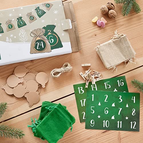 Calendrier de l'Avent à remplir, jute : Calendrier de l'Avent 2023 à remplir soi-même, jute - chiffres adhésifs, 24 sachets - pour enfants, LIVAIA