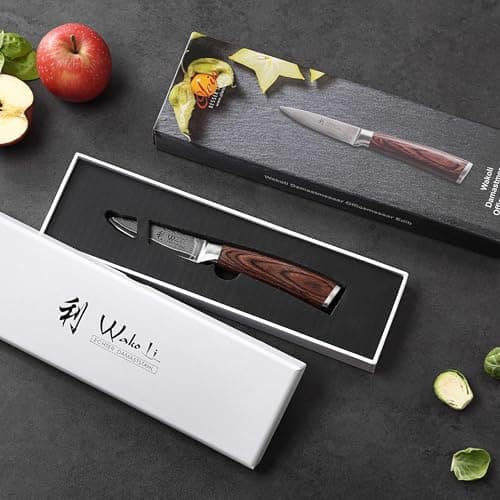 WAKOLI Edib Couteau d'office en Damas I Lame tranchante de 8,5 cm en acier damassé à 67 couches avec noyau VG10 et manche en bois de pakka I Couteau de cuisine professionnel & couteau damassé
